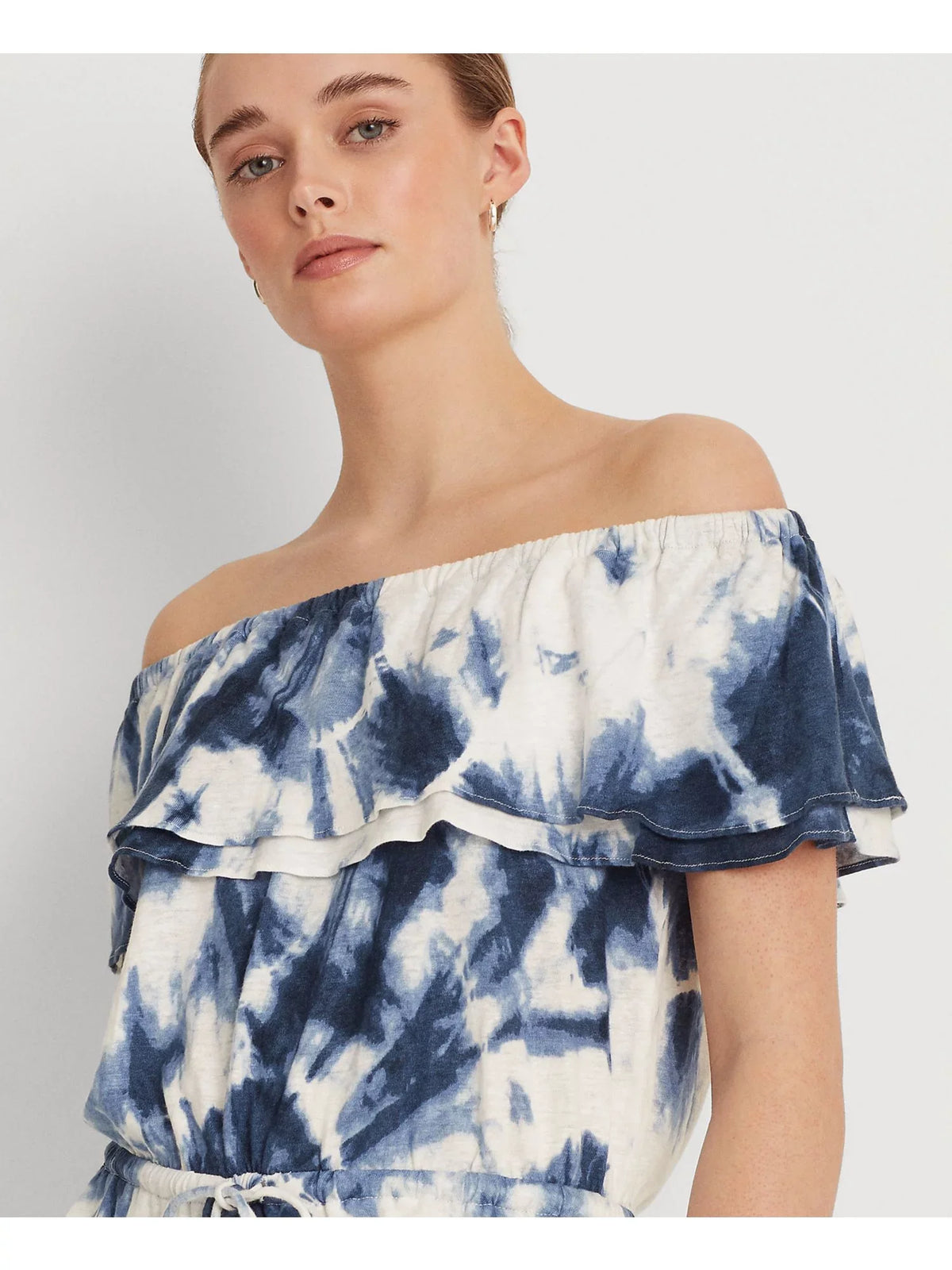 RALPH Off Shoulder Waist Drawcord Peplum Top S Womens Elasticized Sleeve LAUREN Ruffled Tie Dye Short LAUREN White