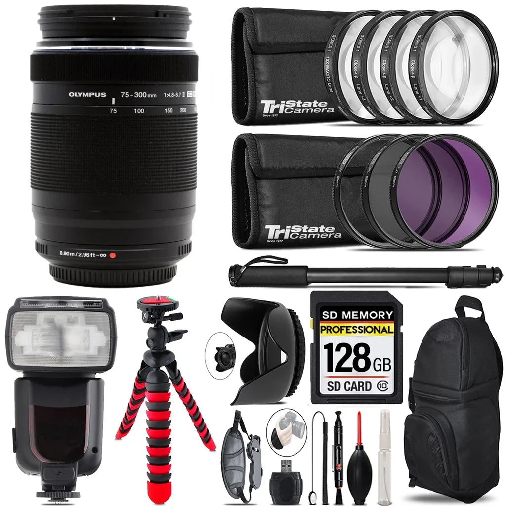 '- 75-300mm f/4.8-6.7 II Kit 128GB More Piece 7 Filter M.Zuiko Olympus & Digital ED Lens+ Accessory
