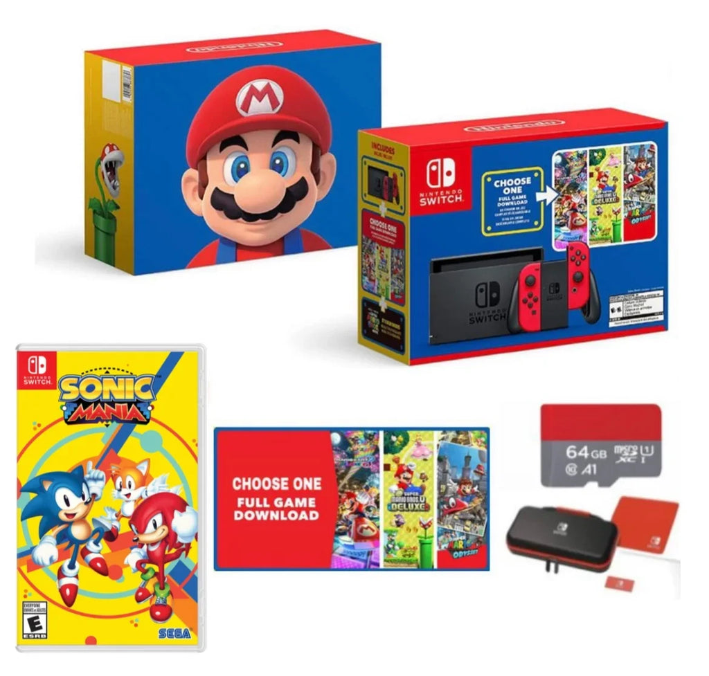 Edition Three One Sonic Switch Mania Case - + Nintendo Memory Games - card 64GB Choose Mario Red Joy-Con 40th + Download of + Mario MicroSD Carrying Switch