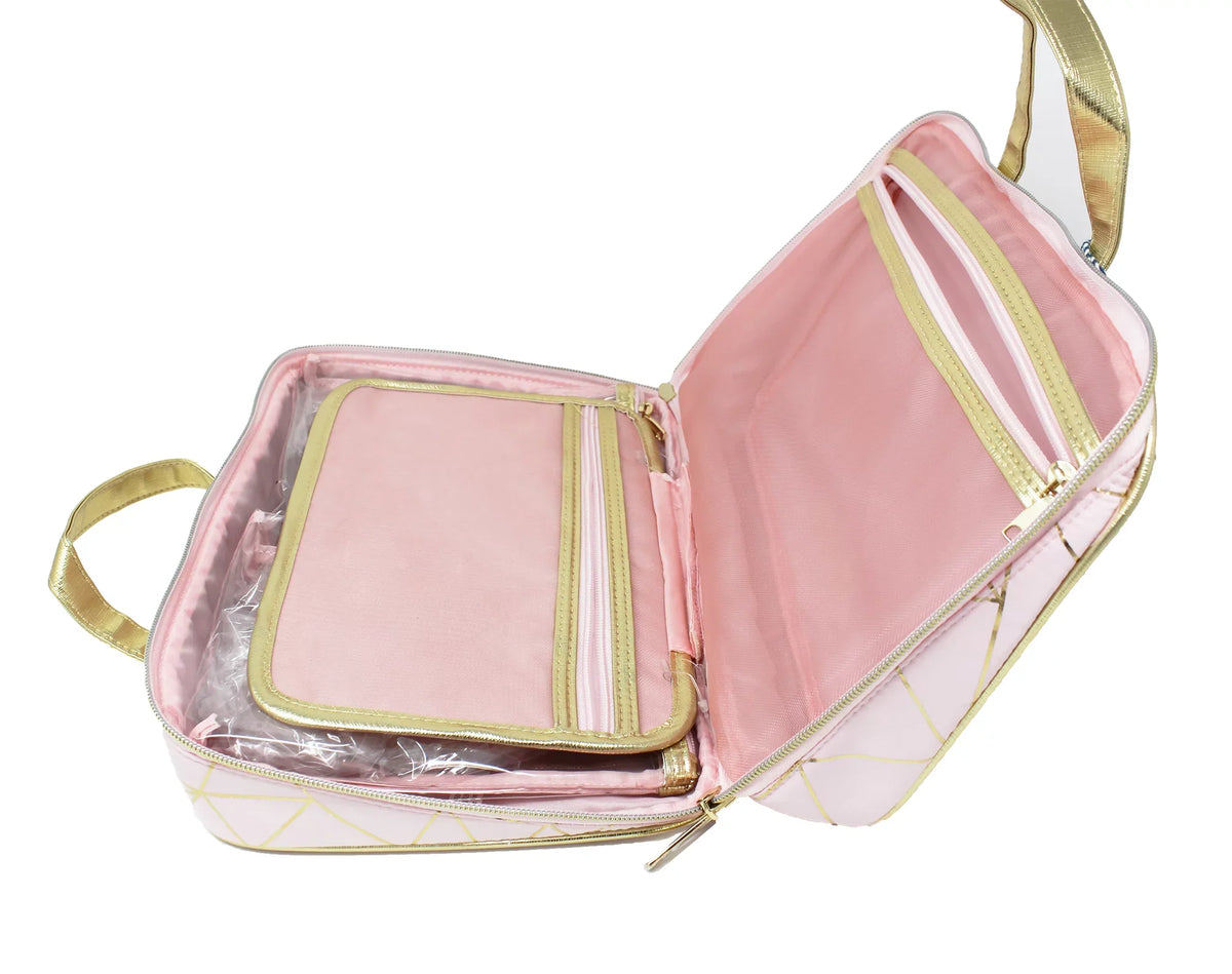 CT 3-Piece Geo Beauty + Set, Weekender Cosmetic Bag Deluxe Tartan Zip Pink 1 Foil Twine Gold
