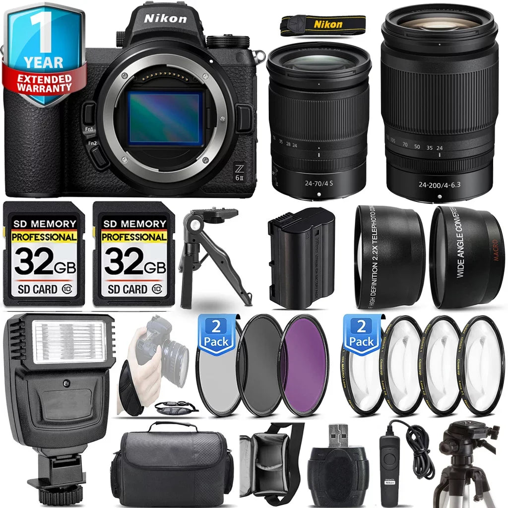 '+ + S II Z6 + Mirrorless Flash Lens with Nikon 24-200mm Camera Lens Kit 24-70mm 64GB f/4 f/4-6.3 VR