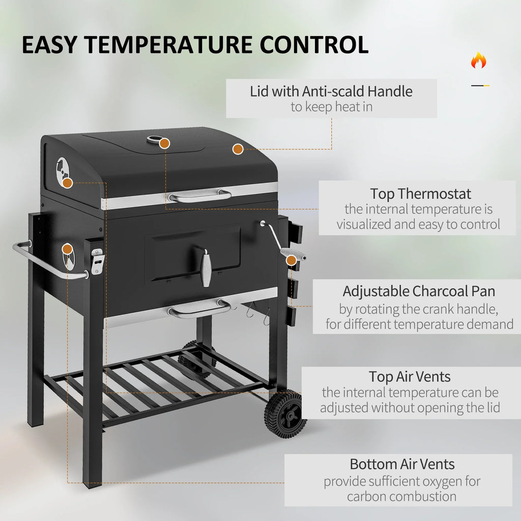 Cooker Portable with Handle, Table, Backyard Grill, BBQ Wheels and Storage Outdoor Or Camping Black Charcoal for Picnic Side Bottom Homiyad Shelf,