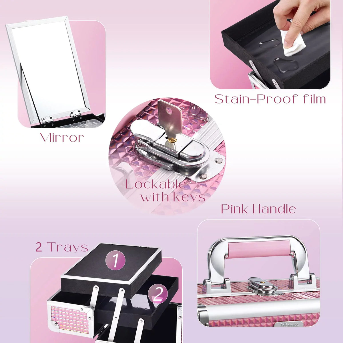 Joligrace Lockable Train 2 Makeup Case Case Organizer Trays with Box Makeup Cosmetics Mirror
