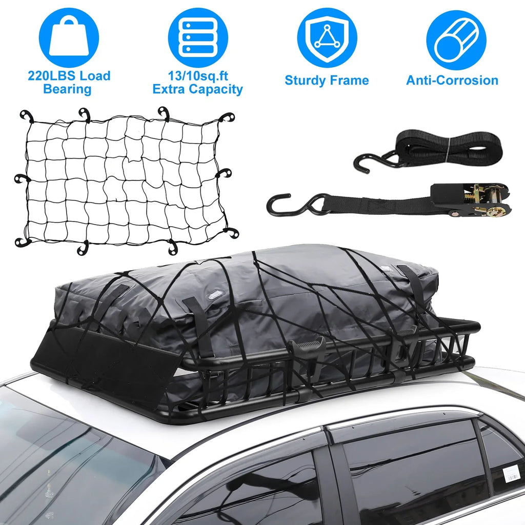 Rack Universal Duty Luggage Hook Carrier Elastic Rack Top Net Roof with Capacity Holder iMounTEK Strap 63x39x6.3in, 220lbs Heavy Basket Black Cargo Car Cargo