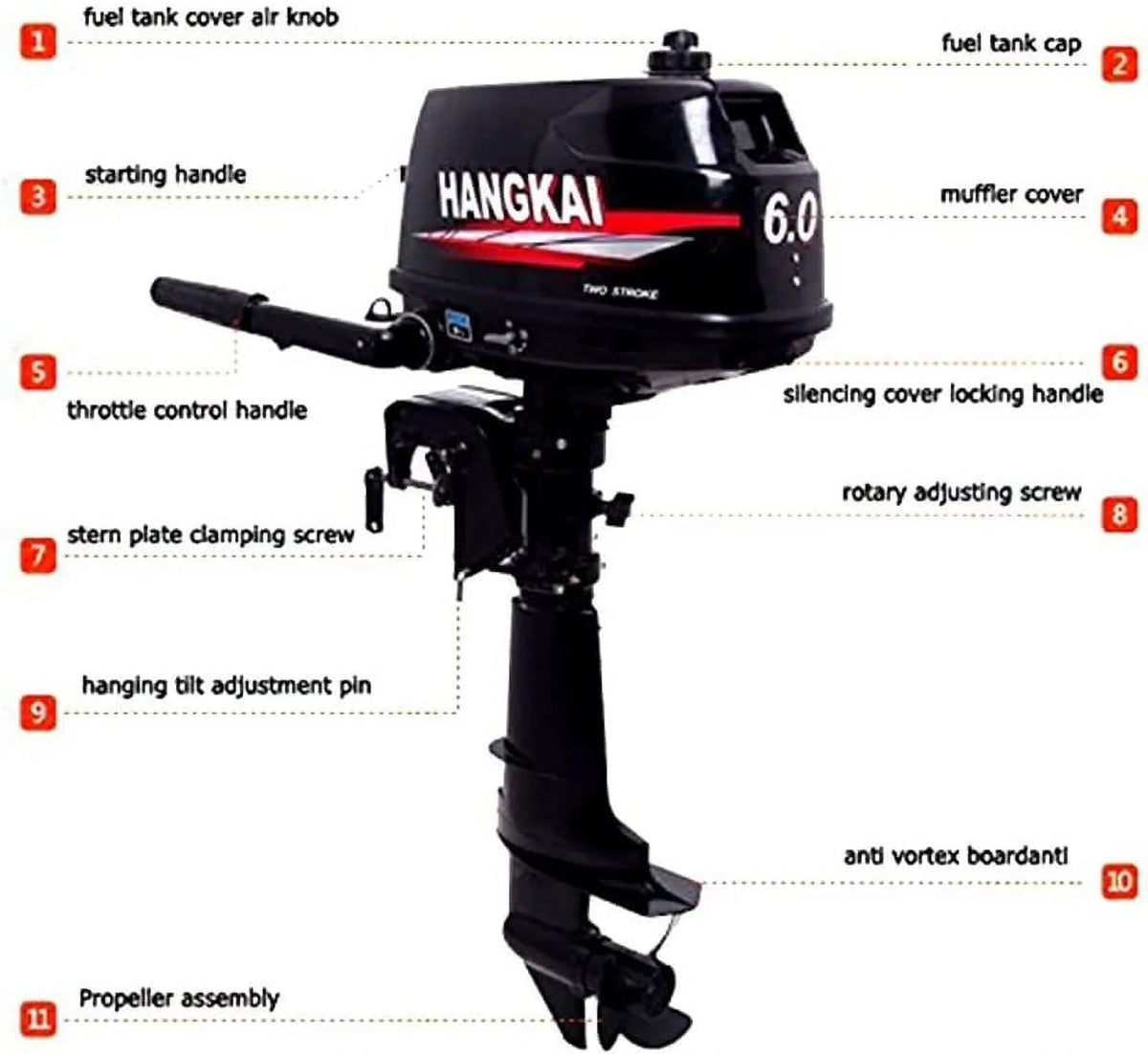 Outboard MONIPA System HP Inflatable Boat Tiller Motor Water Fishing Shaft 6 CDI Marine 2-Stroke Cooling Engine