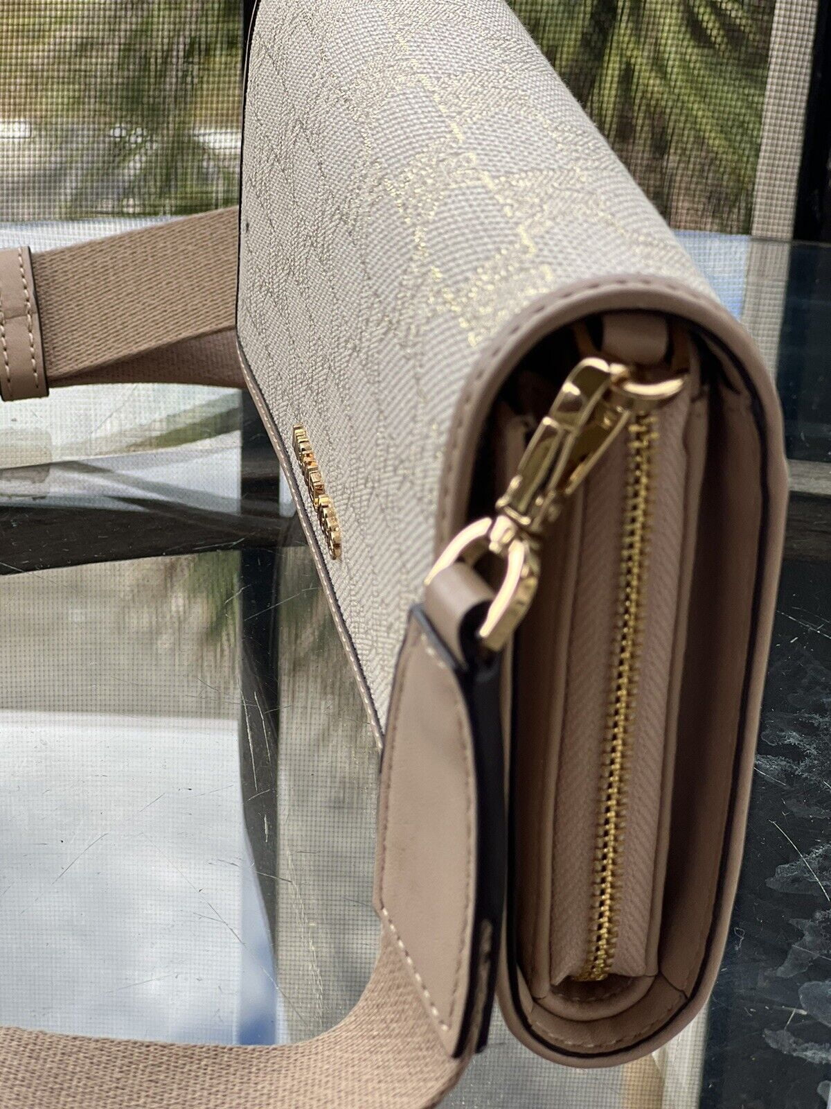 MK Kors Glitter Crossbody Set Zip Gold Natural Wallet Bag Michael Around Jet LG