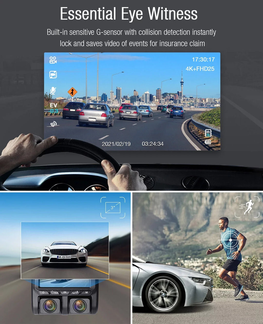 Parking Car Screen Front 3" 4K+1080P TOGUARD G-Sensor Loop Mode Inside and Camera LCD Cam Dash Dash 4K Recording Camera