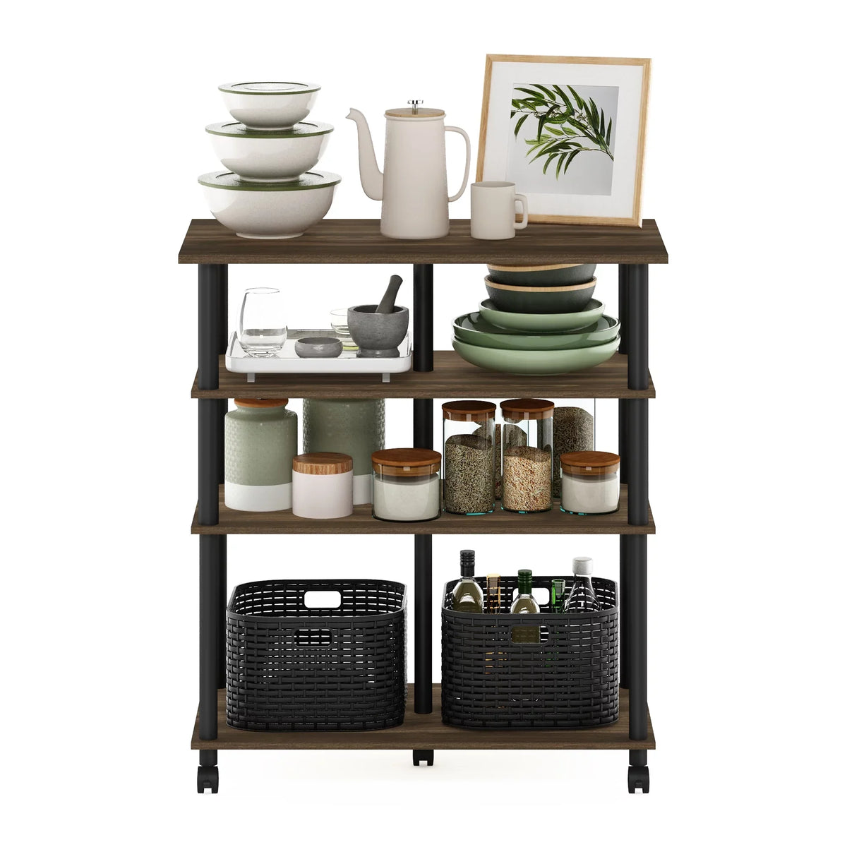 Columbia Furinno Kitchen Walnut/Black 4-Tier wheels, Helena Island Rolling on