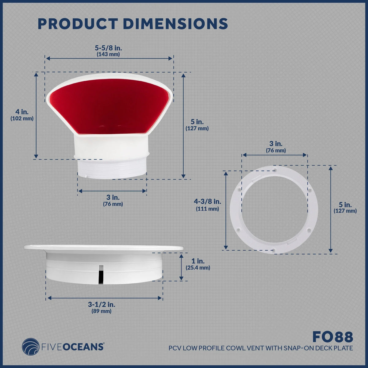 3-Inch Snap-On with Interior, Low Red Cover, UV-Resistant and Oceans Vent Ventilation- Cabin Intake Air Cowl for Plate Profile and FO88 Five or Flexible PVC, Deck