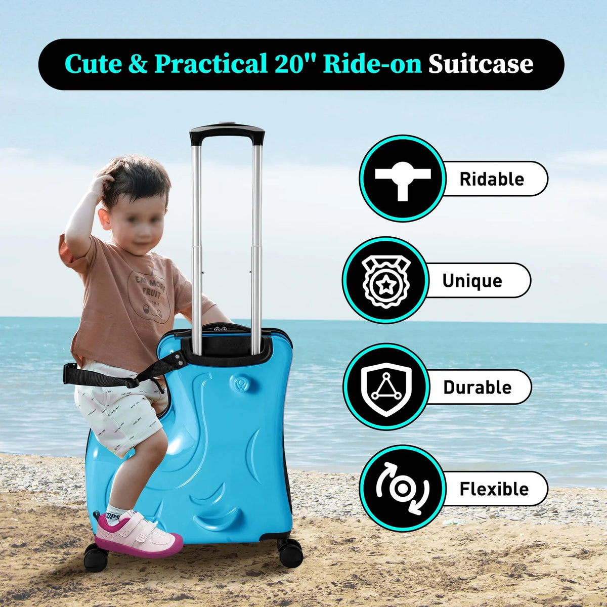 20" Spinner Suitcase AIQIDI Ride Kids Horse Luggage Shape On Travel Trolley Portable Wheels Blue Suitcase, Kids