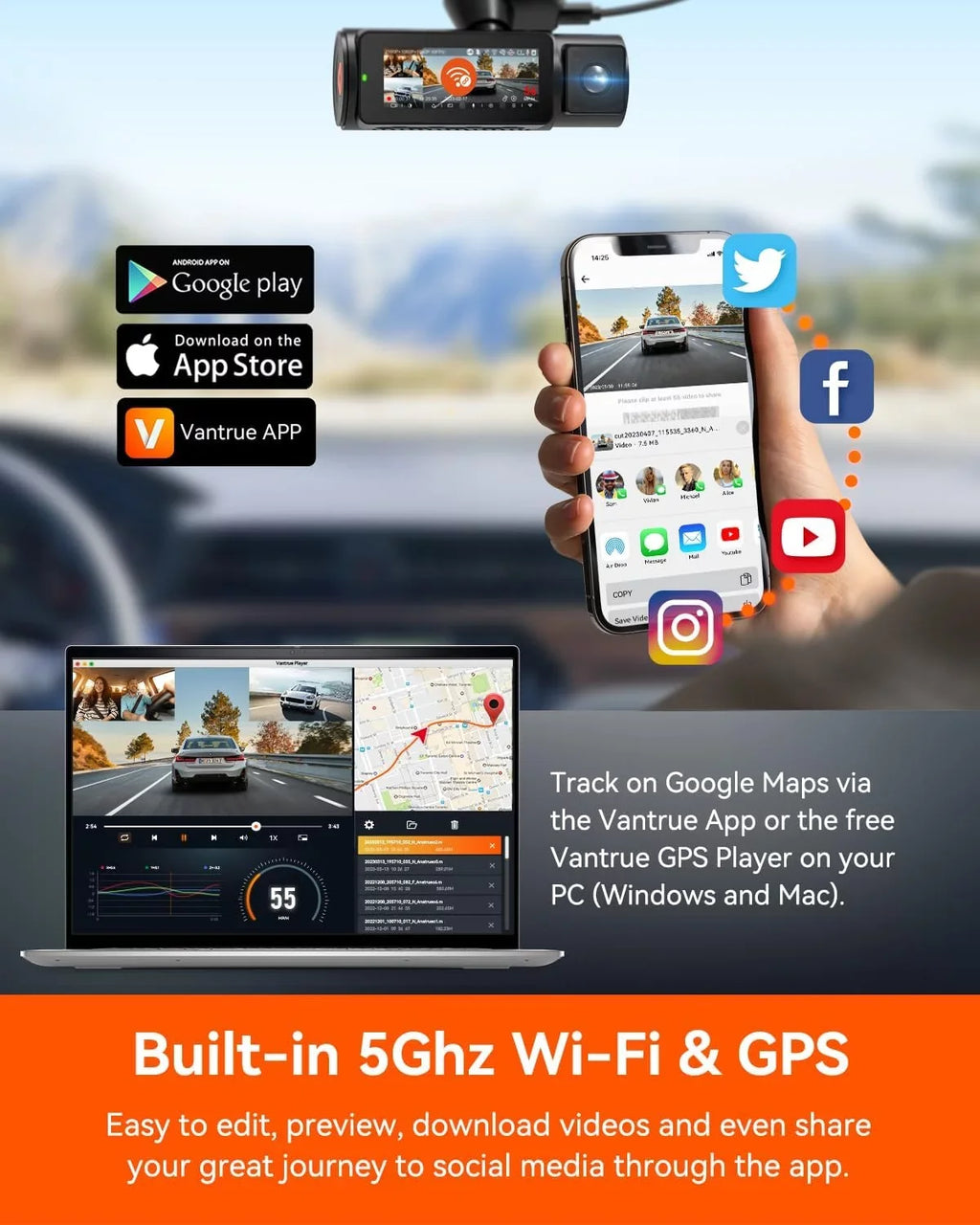 Card Dash Included) | WiFi Pro GPS + 4K + 3 N4 Channel 1080P Cam 4K (Memory Vantrue 1080P Not