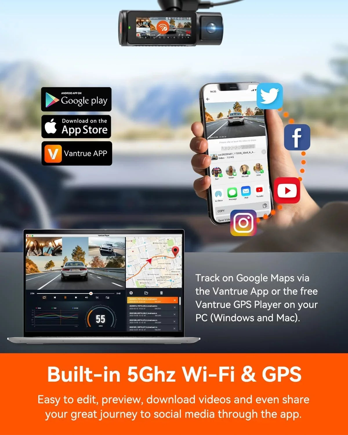 Card Dash Included) | WiFi Pro GPS + 4K + 3 N4 Channel 1080P Cam 4K (Memory Vantrue 1080P Not