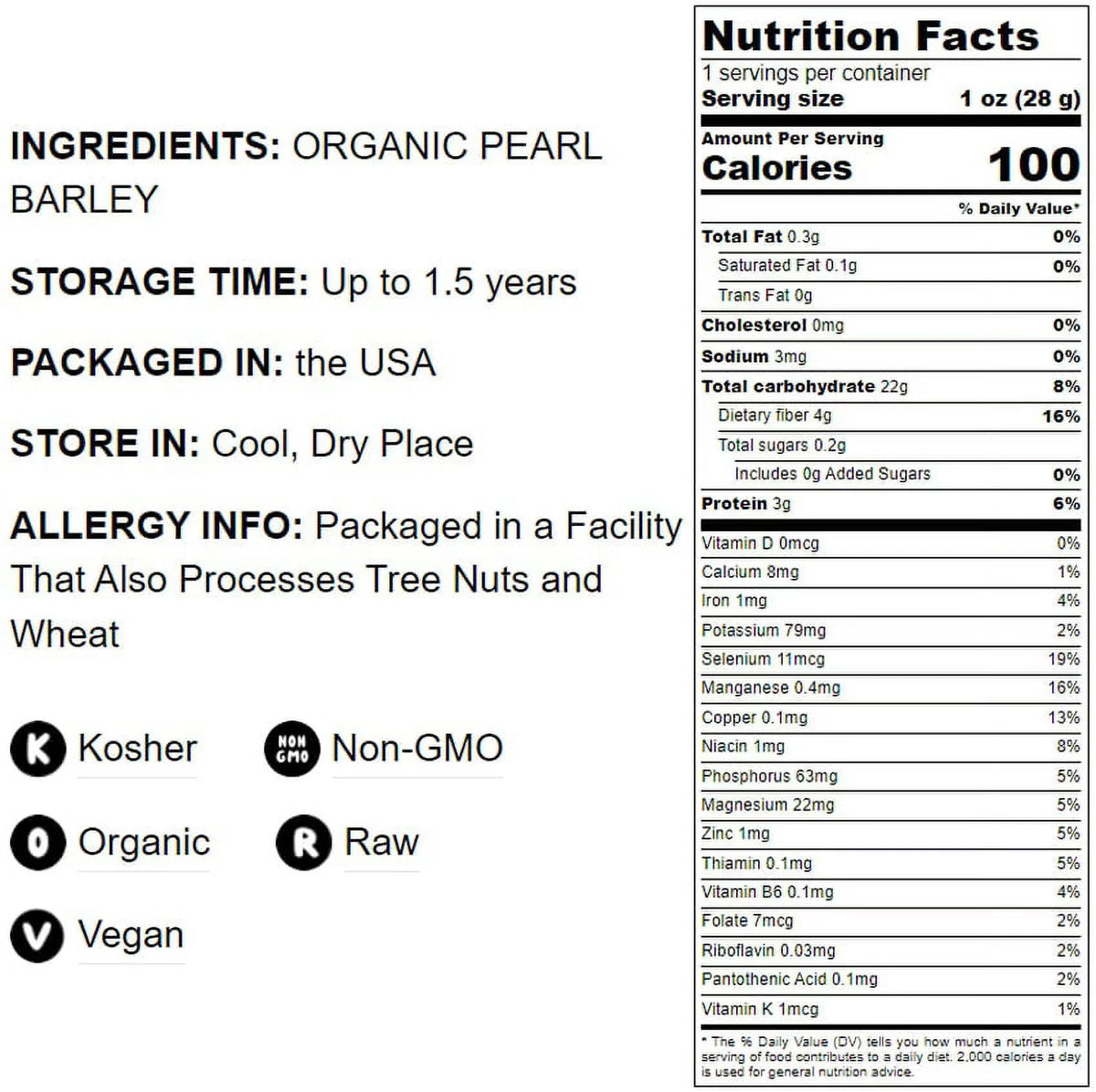 6 Kosher, — Live Food by Vegan Non-GMO, Barley, — Pearl Organic Pounds to Raw,