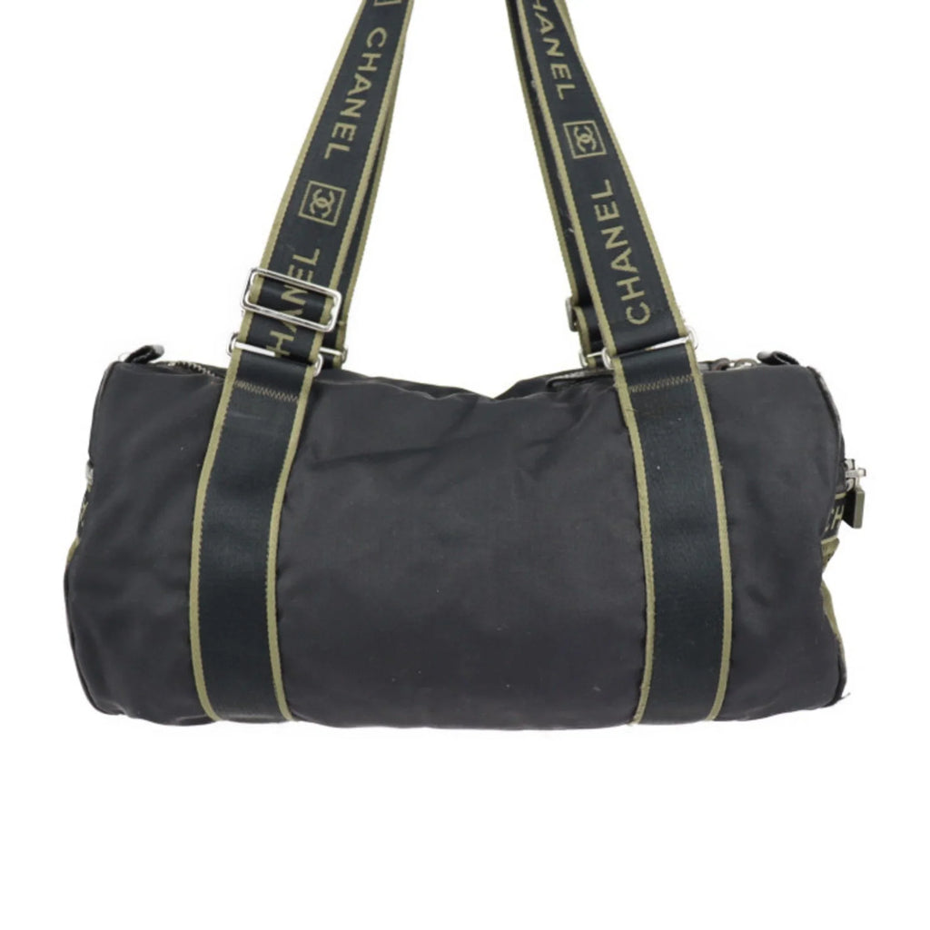 Sport Line Nylon Round Cocomark Khaki Travel Canvas Series Chanel Cylindrical Green 10 Black Shoulder Boston (Fair) Bag Pre-Owned CHANEL