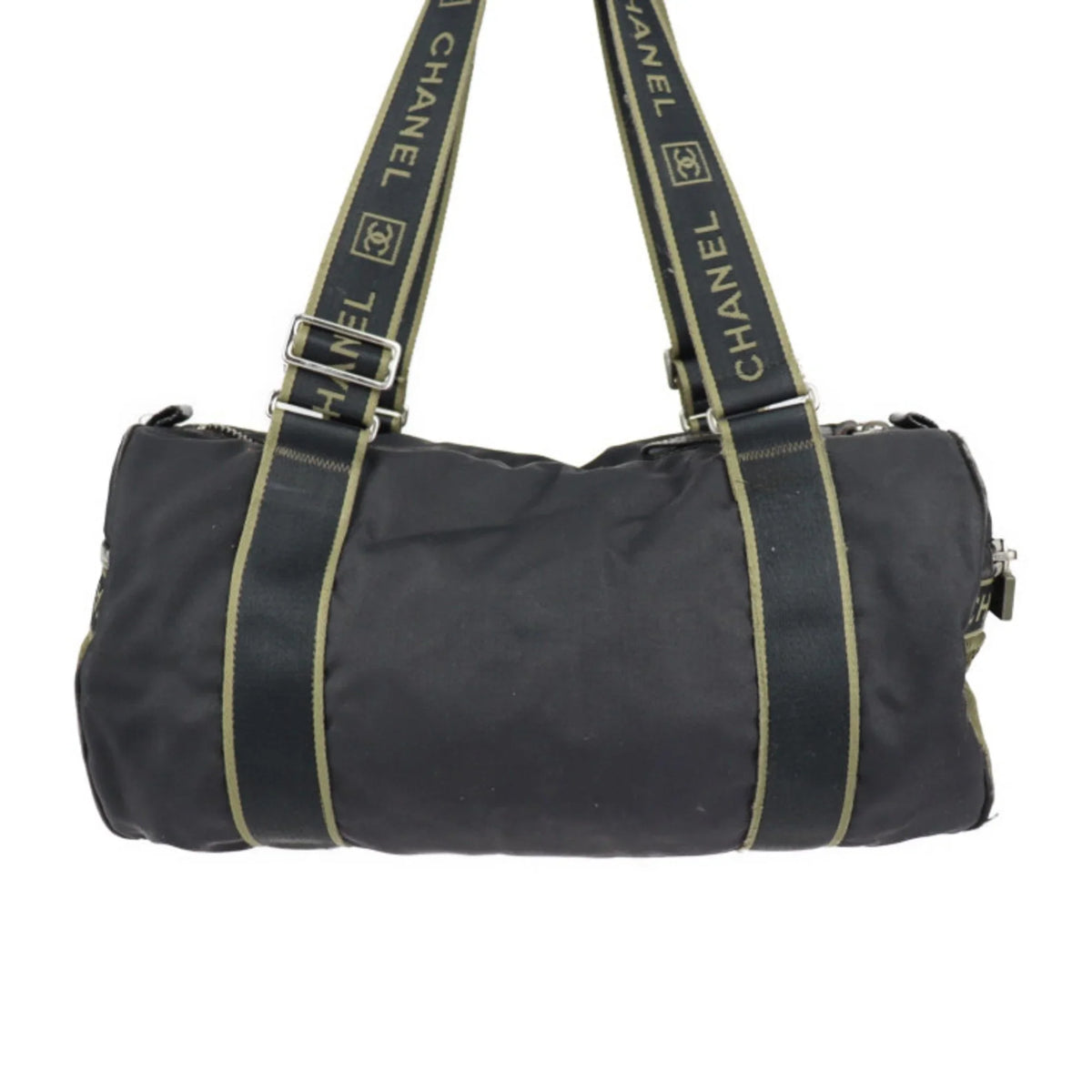 Sport Line Nylon Round Cocomark Khaki Travel Canvas Series Chanel Cylindrical Green 10 Black Shoulder Boston (Fair) Bag Pre-Owned CHANEL
