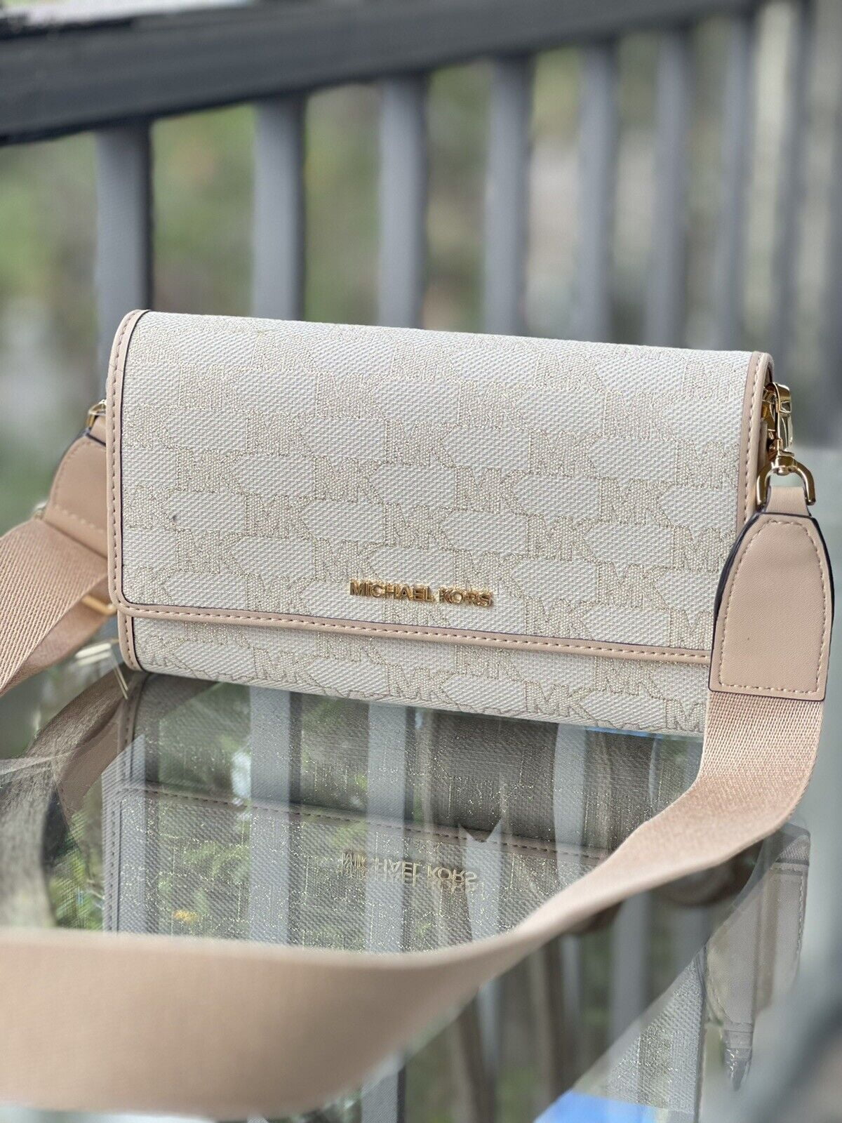MK Kors Glitter Crossbody Set Zip Gold Natural Wallet Bag Michael Around Jet LG