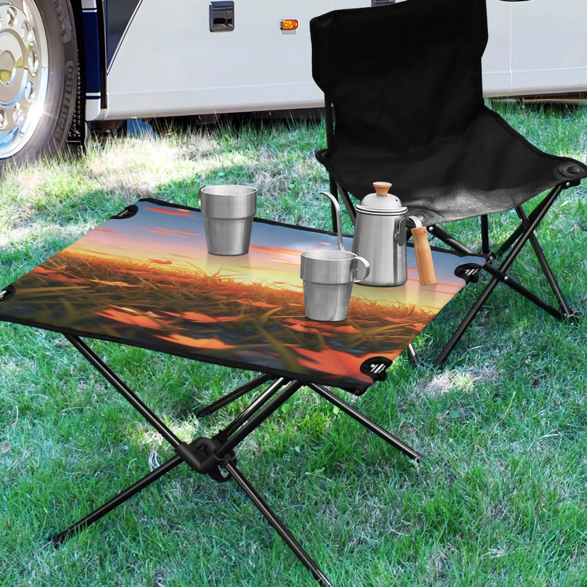 BBQ Table Outdoor in Autumn Storage with Fishing for Bag Table Leaves Picnic Folding Beach Portable Camping Compact Table Sunset Travel