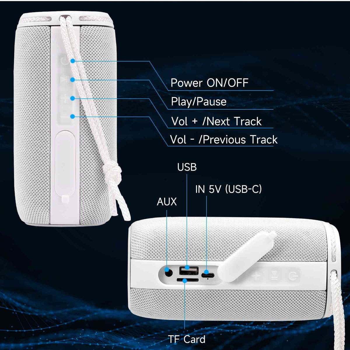 True Portable Speaker White Surround BLU Max Bluetooth Speakers Pairing, X808 UrbanX - Speaker, Punchy HD Wireless with 360° Sound IPX5 for Bass, C5 BT5.3, Waterproof