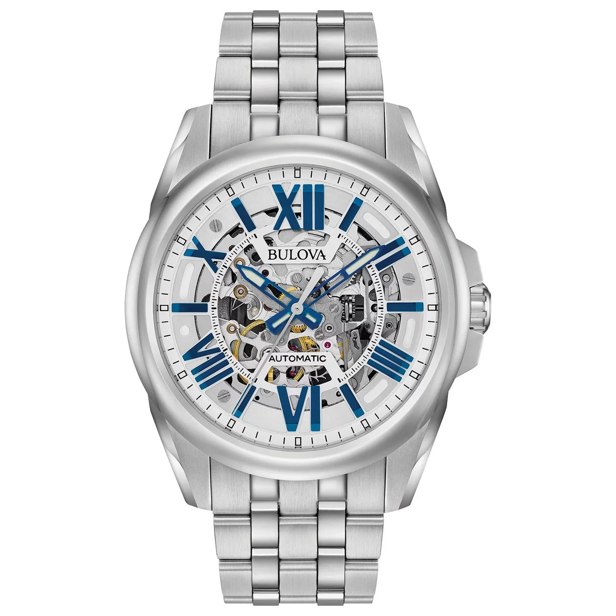 Stainless Men's Silver Watch Bulova 96A187 Steel Bracelet Dial Skeleton Automatic