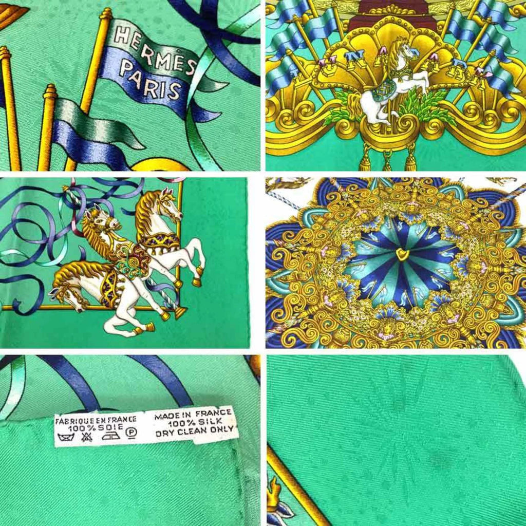 90 Embroidery PARK aq5159 Silk Park Pre-Owned Carousel HERMES Amusement Green Muffler (Good) Hermes Carre 100% LUNA Scarf