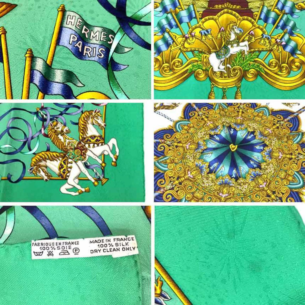 90 Embroidery PARK aq5159 Silk Park Pre-Owned Carousel HERMES Amusement Green Muffler (Good) Hermes Carre 100% LUNA Scarf