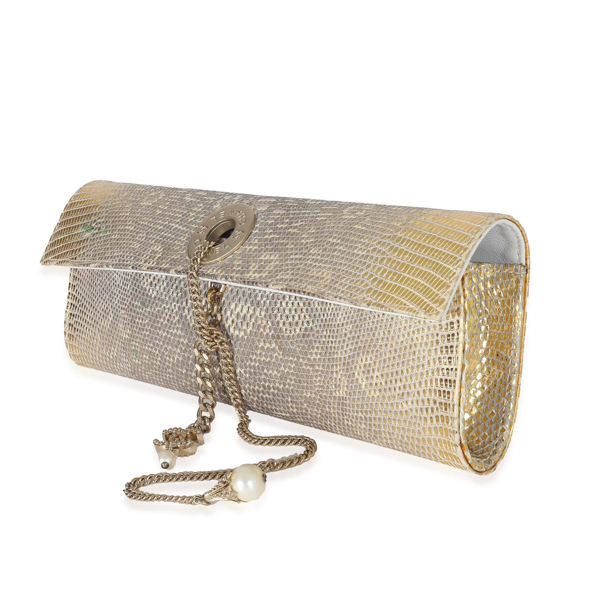 Clutch Tube Vintage Pre-Owned Flap Gold Chanel Lizard