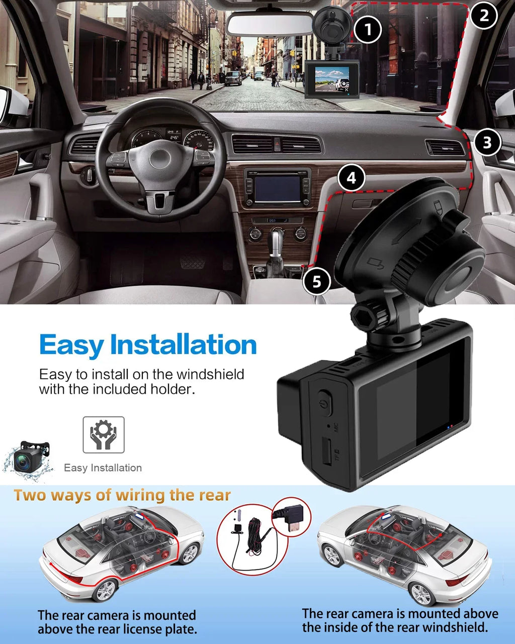 for Vision, SD Dash Mode, Inch Cam 2 Wide Front WIFI, with Rear 4K Night and Camera SD Recording, Card, Angle, Dash Dash Dual Cam Card GPS Loop Included 64GB Parking with Cars,