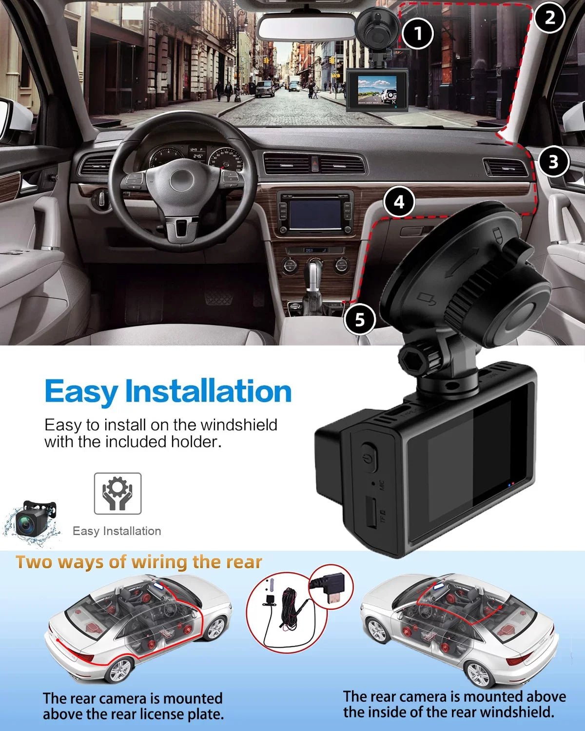 for Vision, SD Dash Mode, Inch Cam 2 Wide Front WIFI, with Rear 4K Night and Camera SD Recording, Card, Angle, Dash Dash Dual Cam Card GPS Loop Included 64GB Parking with Cars,