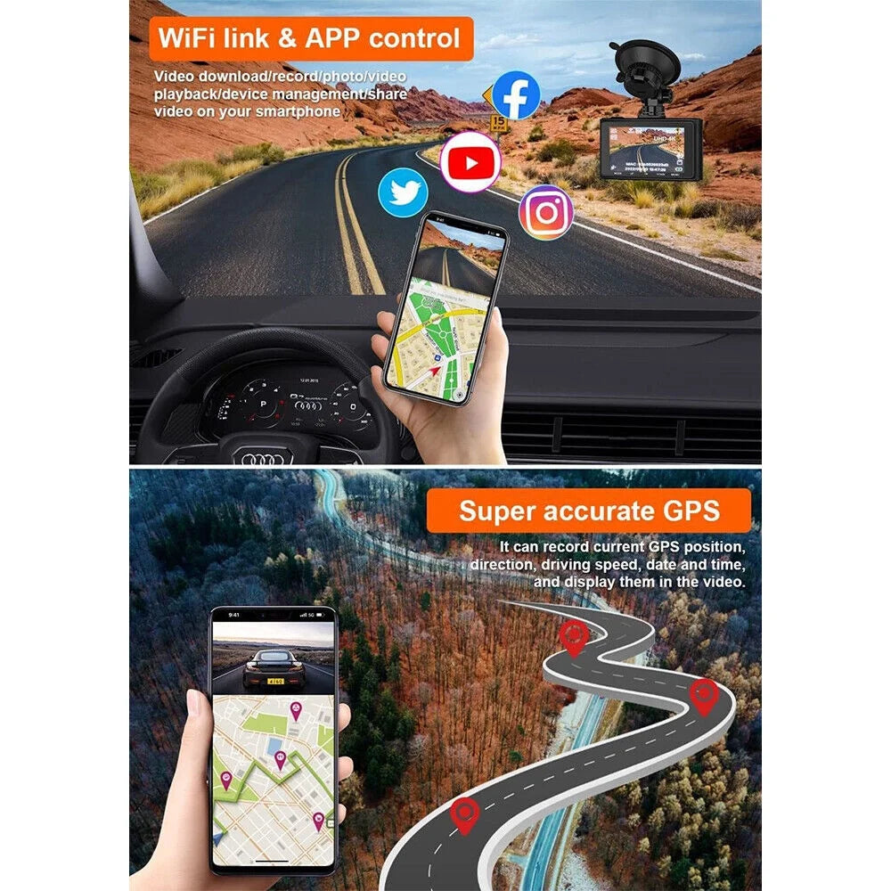 Rear 256GB Front Mode Support Parking Dual Wide Vision Full Dash Max 3 Cam 4K/2.5K+1080P 3.16" 24H ONEMAYSHIP Channel HD Night WDR Angle