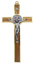 Colored St. 7.75" Gold-Tone and Wood Benedict with Inlays Crucifix Medal