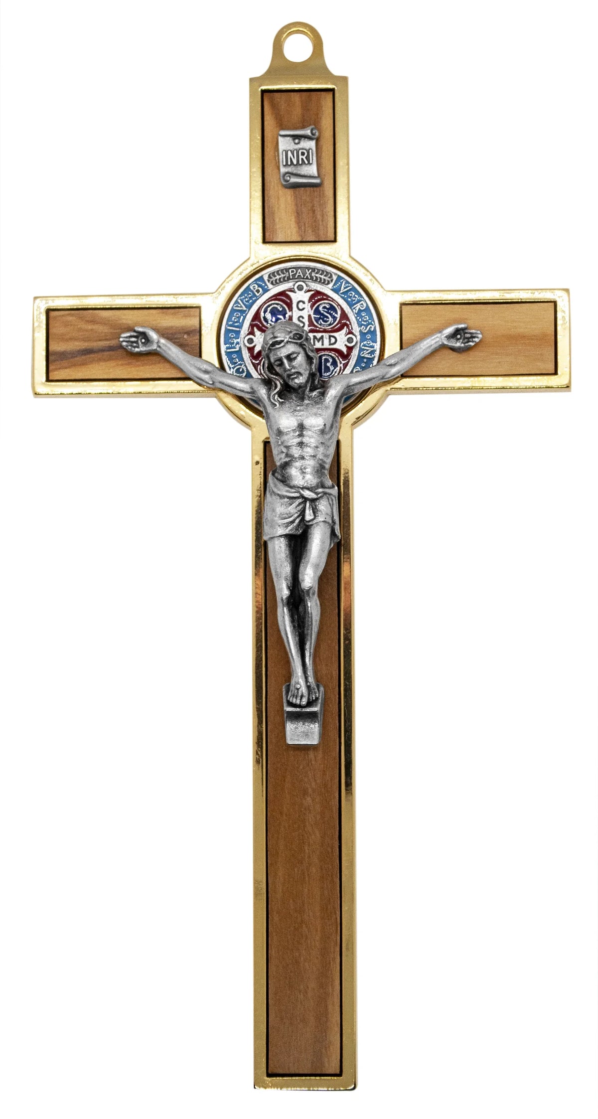 Colored St. 7.75" Gold-Tone and Wood Benedict with Inlays Crucifix Medal