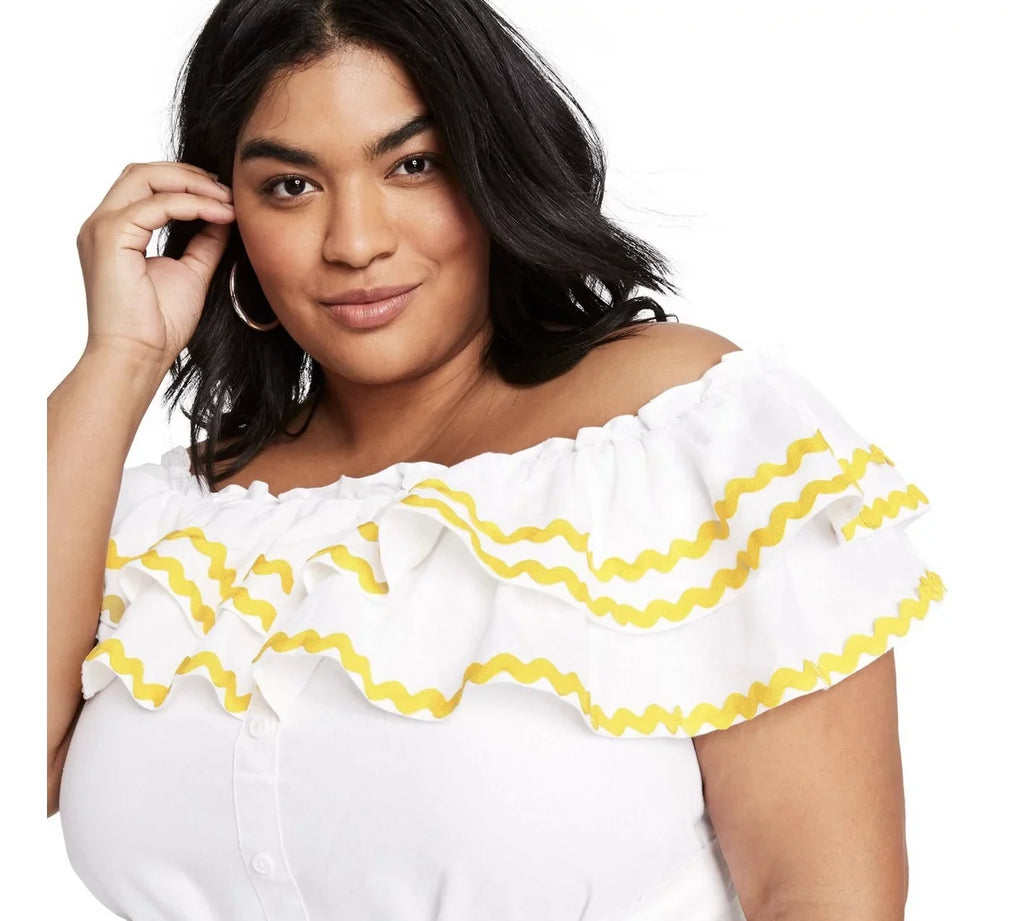 the Marie Ric Plus Rac Women's Dress Lisa Off Shoulder - Size White/Yellow, 1X Fernandez