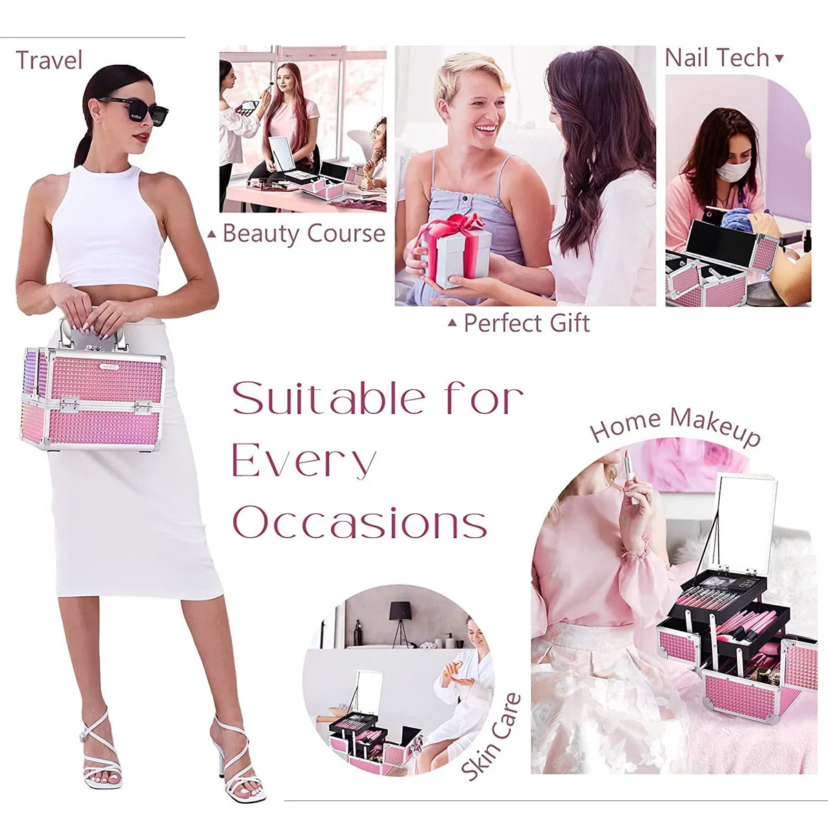 Joligrace Lockable Train 2 Makeup Case Case Organizer Trays with Box Makeup Cosmetics Mirror