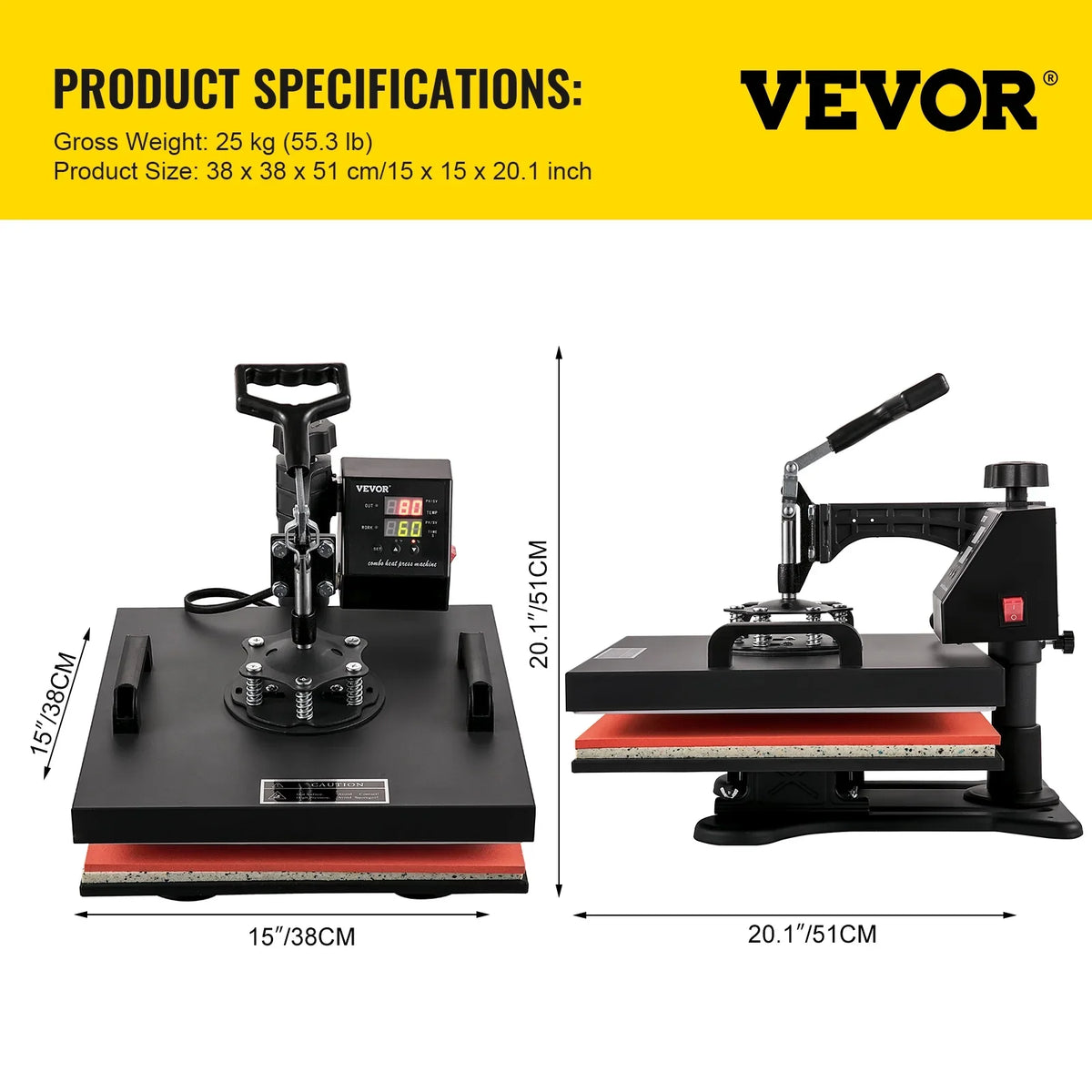 Rotation in Away Dual LED Degree Display Heat Sublimation Multifunctional 1 Transfer Swing Combo Machine VEVOR Press 15"x15" Heat Machine Digital 8 360