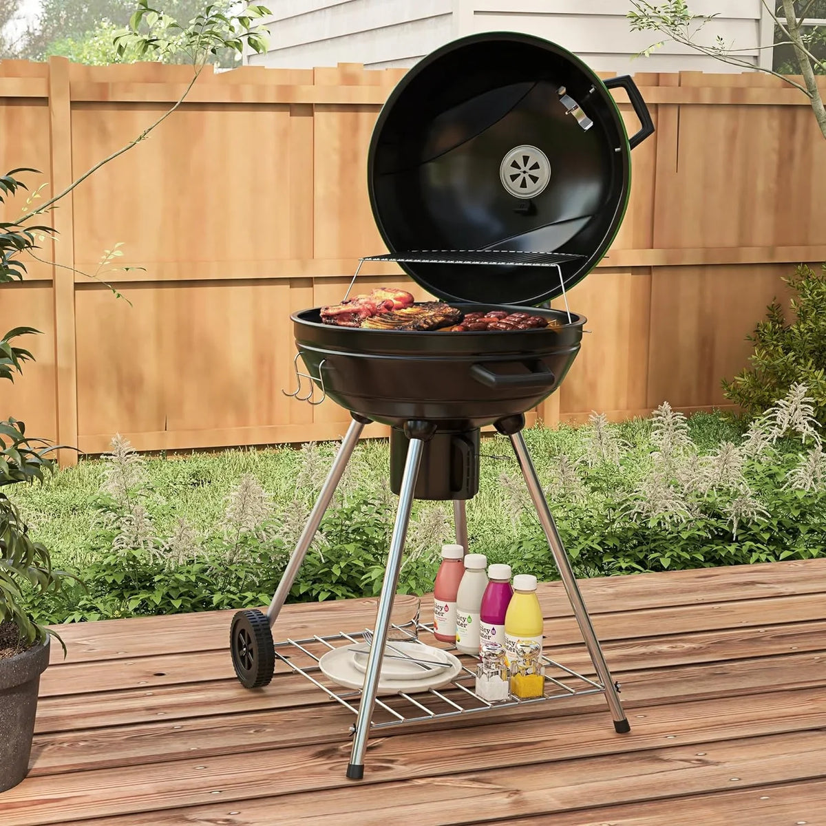 sq.in. Cooking Kettle Catcher Outdoor 21" Patio, Built-in Trolley Area, Thermometer and Barbecue with Backyard BBQ Shelf, Grill Green 360 with Wheels, Party, Charcoal for Ash