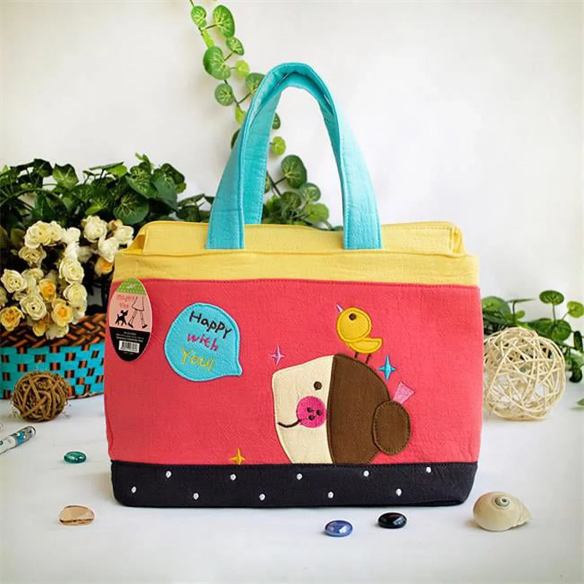 9.3 & Fabric - Embroidered 4.2 Happy 7.2 Bag Shopper Applique x Tote with You x in. Art Bag