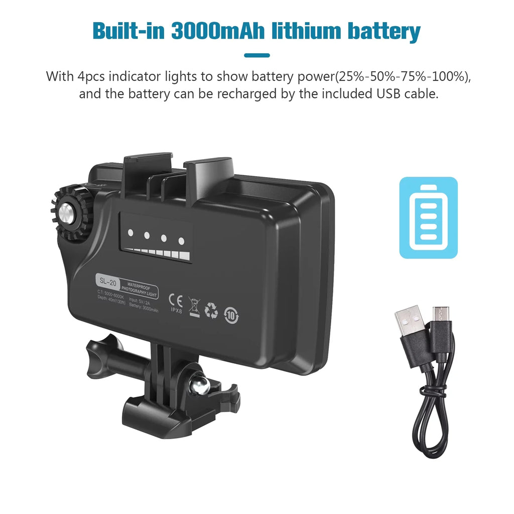 CRI95+ Dimmable Fill Built-in GoPro Rechargeable Underwater Diving Andoer Video 40M Photography Battery Waterproof Modes Replacement for Snorkeling Underwater 8 for Video SL-20 IPX8 RGB