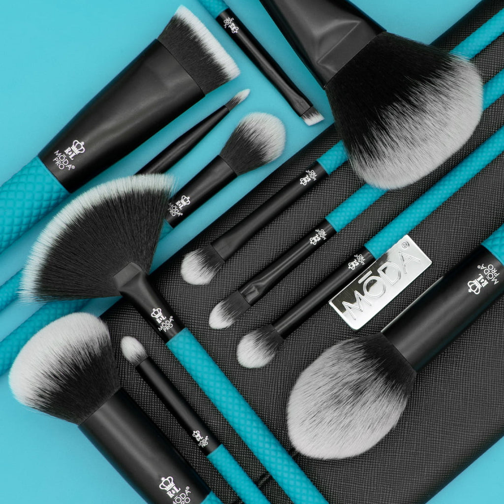 Makeup with Flat Crease Moda Teal Brush Pro Highlight, Set Brush Brushes Wrap, Full and 13pc Makeup Face Powder, Includes