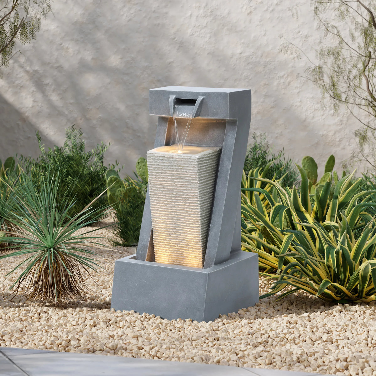 2-Column Gray Sculpture Resin Lights Fountain Outdoor LuxenHome with