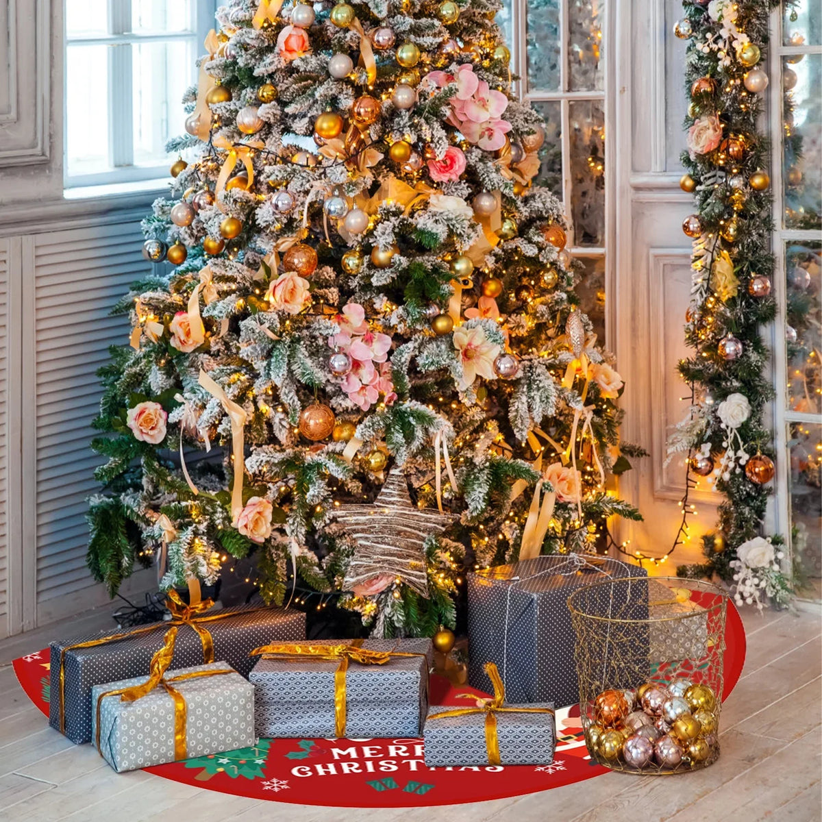 Inches Christmas Skirt Outdoor for Ornaments Skirt Snow Pattern Red with Holiday Christmas Plush Tree 36 Decorations Gold Party Soft Indoor Tree Mat Tree and