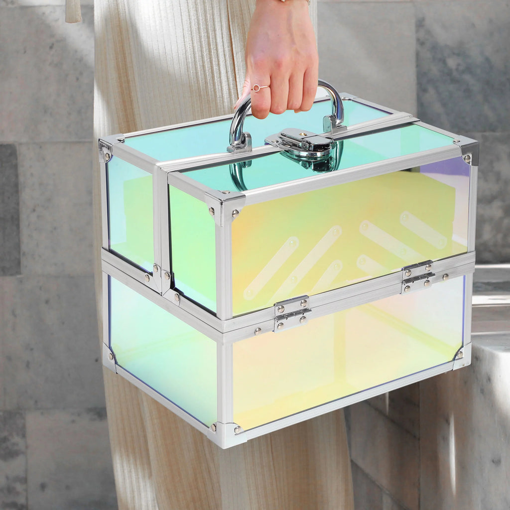 7.9" 9.85"x Train Translucent, Organizer, Case 6.7"x Cosmetics Iridescent Trays, 4 Makeup