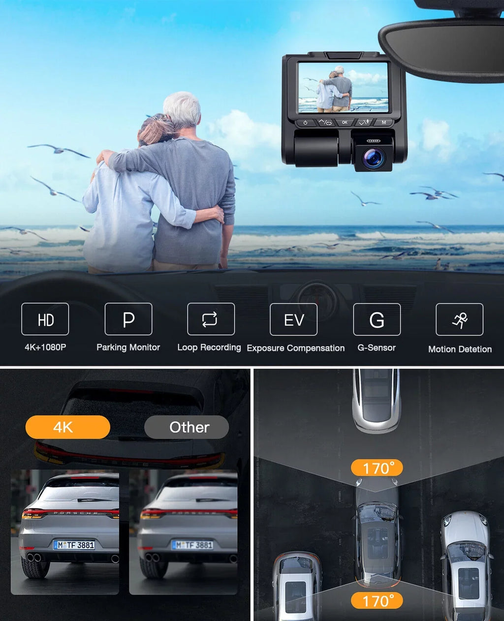 Parking Car Screen Front 3" 4K+1080P TOGUARD G-Sensor Loop Mode Inside and Camera LCD Cam Dash Dash 4K Recording Camera