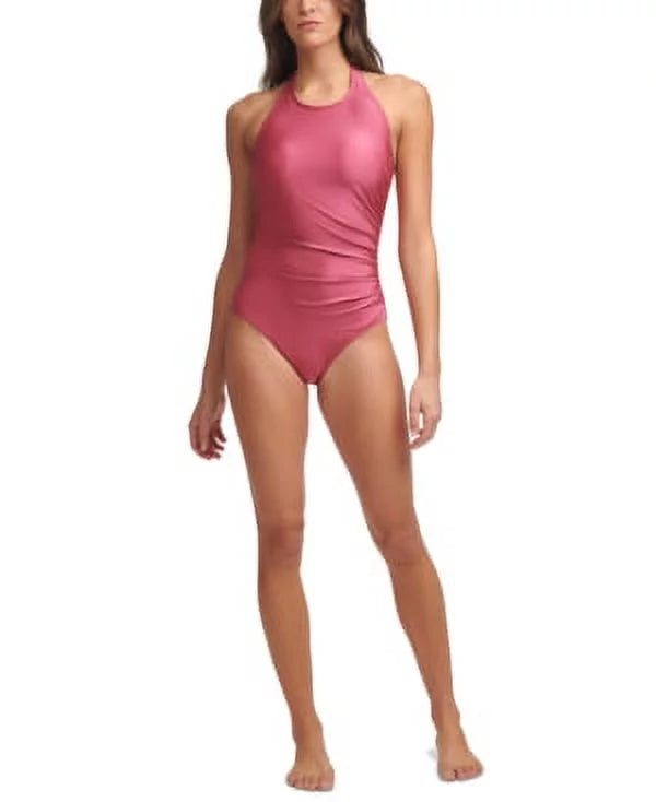 US Calvin 14 CARMINE One-Piece Swimsuit, High-Neck SHIMMER Halter Klein