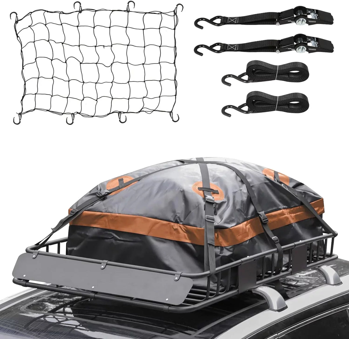 for Net, Rack, Carrier 54" Tie Rooftop Duty Waterproof Thten Capacity, Basket Rack Luggage 150lb Roof Steel 34" Holder Construction Down with SUV, Heavy x Cargo Car Top Bag, Strap, Extension and