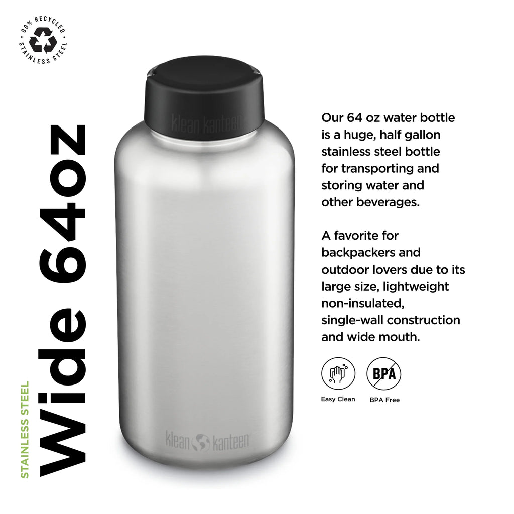Wide Kanteen 64oz, Cap, Klean Stainless Brushed w/Wide Loop