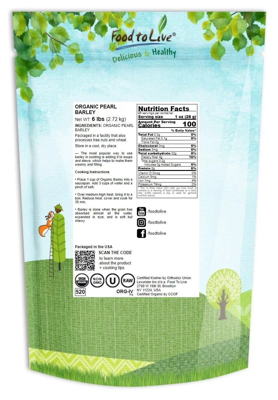 6 Kosher, — Live Food by Vegan Non-GMO, Barley, — Pearl Organic Pounds to Raw,