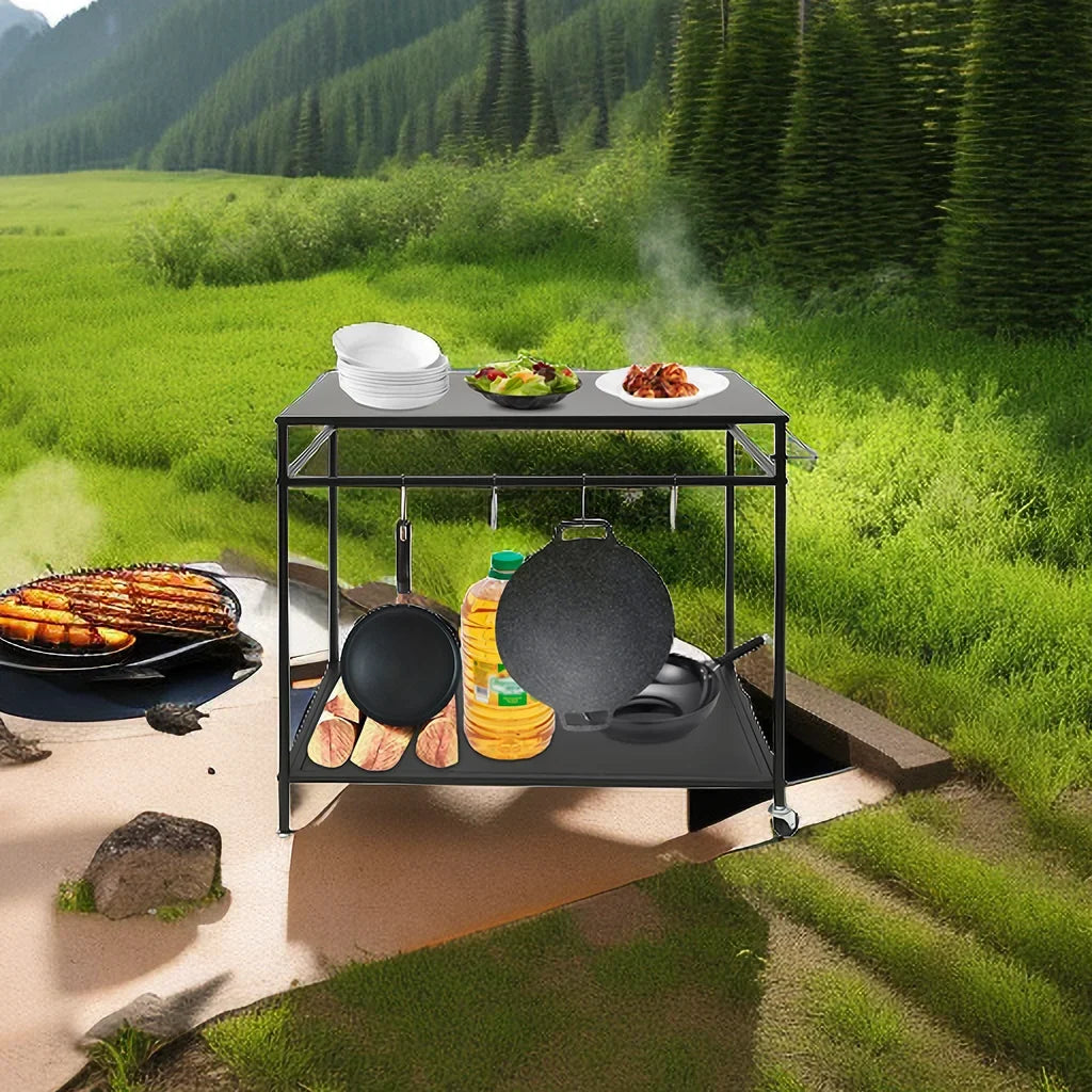 Movable Cook Outdoor Food Serving Station 2-Tier Grill Table Rack Shelf Cart BBQ Prep