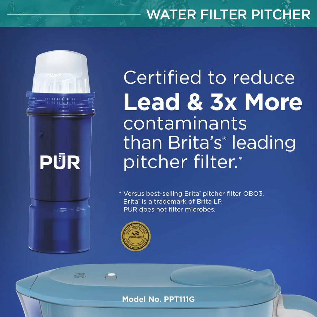 Pitcher W 10.4" 11-Cup PLUS x H L Water PUR x PPT111G Aqua, 11.4" System, 4.9", Filtration