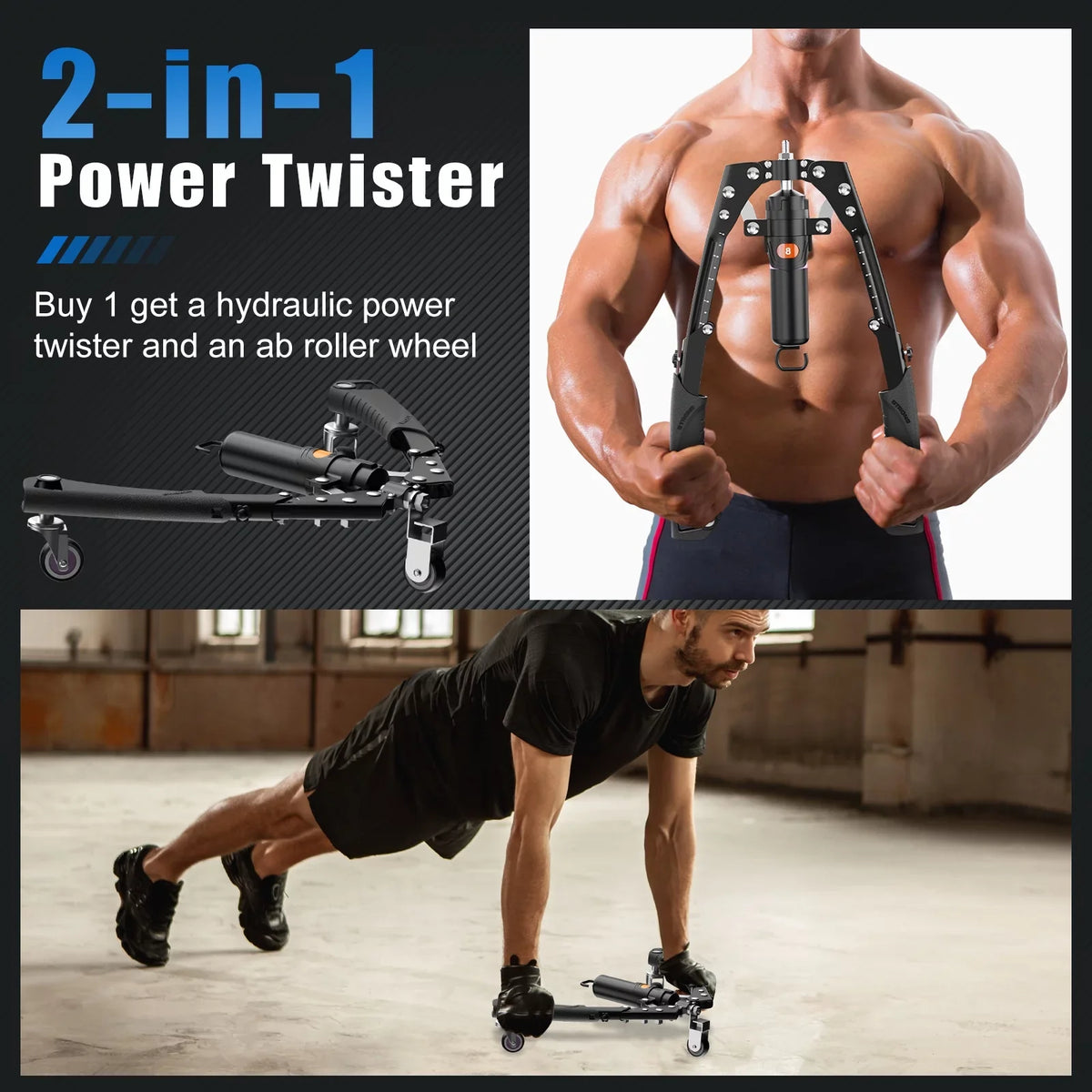 Expander Arm Hydraulic with Exerciser 22-440lbs for with Power Adjustable & Chest Home Training Handle, Roller Upgrade Wheels, Twister Ab Stretchable Wheel 2-in-1 Twister Muscle