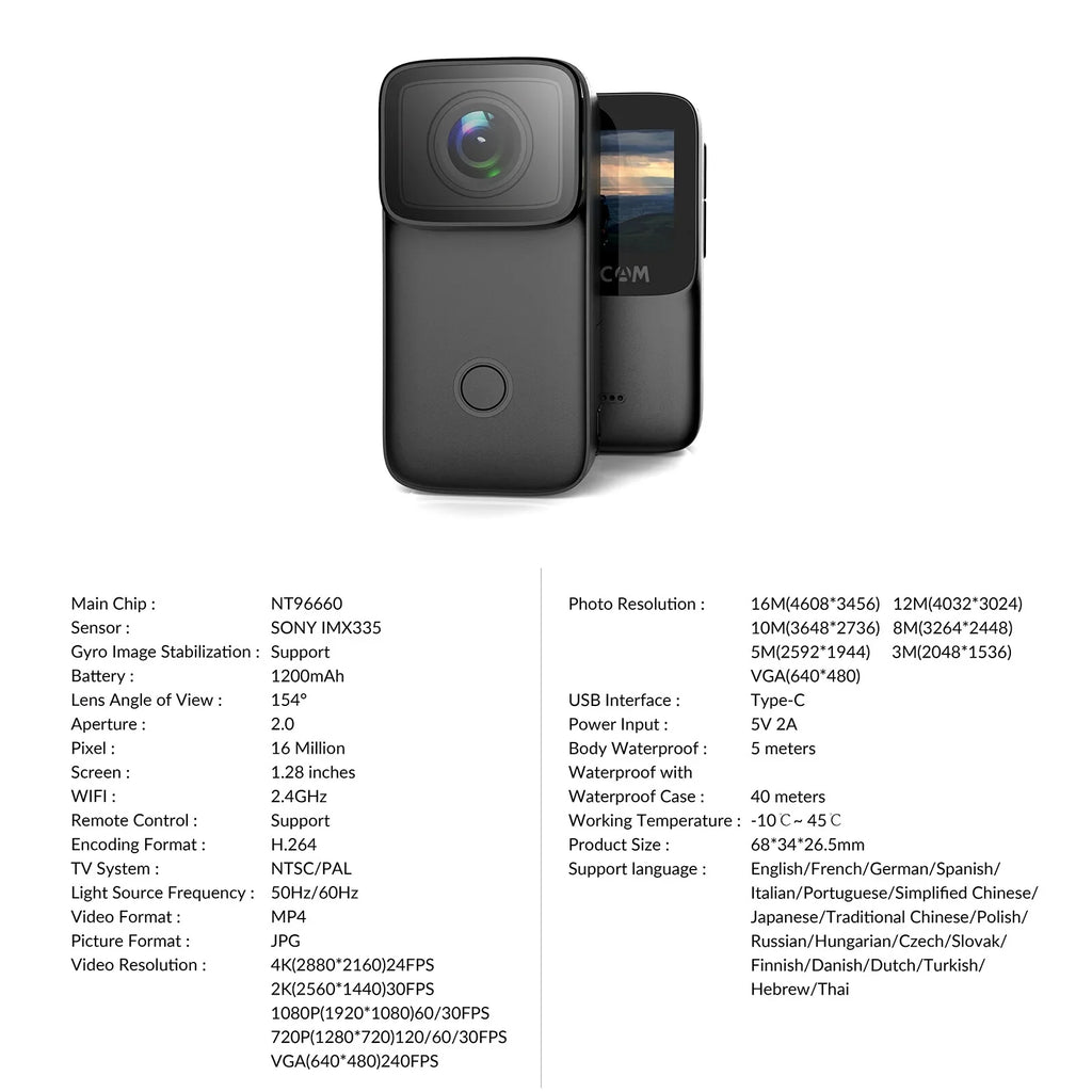 WiFi Vision with Action Rechargeable 4K Built-in IPS Face 1.28 Body Supports Battery Night Inch Anti-Shake 5M Recognition 6-Axis C200 Waterproof Camera Screen Mini SJCAM